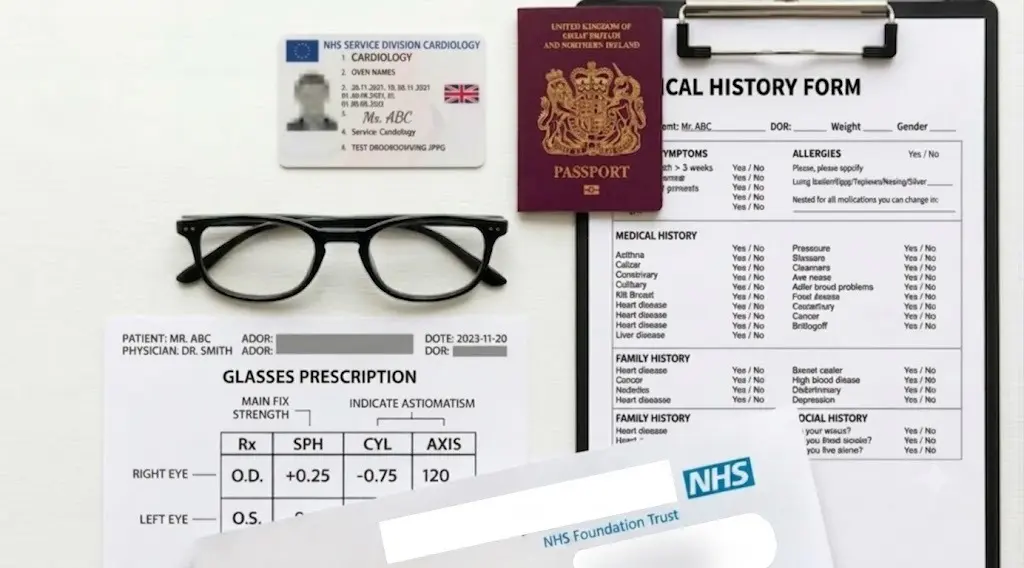 Patient bringing ID, driving licence, glasses, and medical documents to a driver medical test appointment