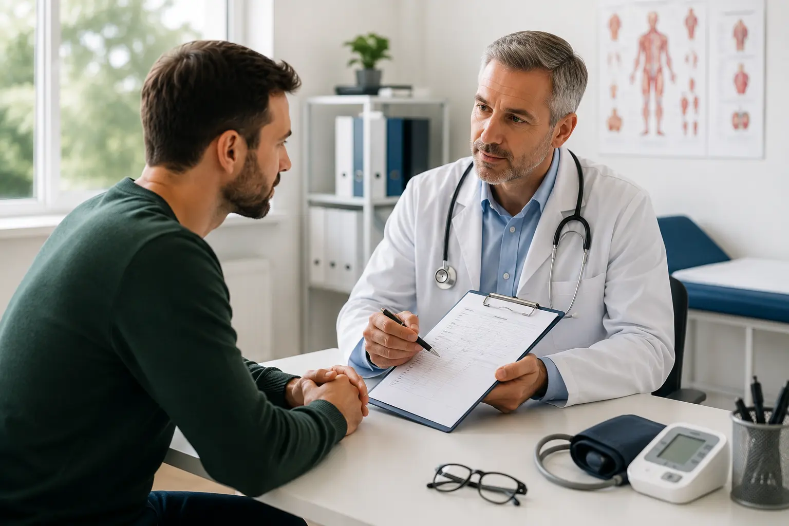 Doctor discussing common medical conditions that may affect driving during a driver medical assessment in a UK clinic.