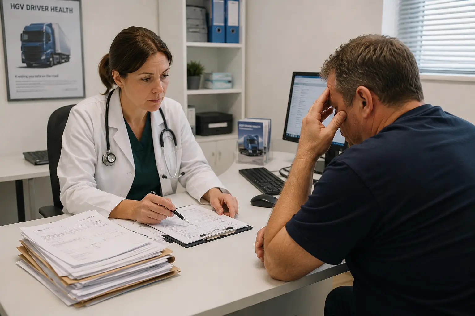 Doctor performing an HGV medical test including eyesight and health checks for a commercial driver.