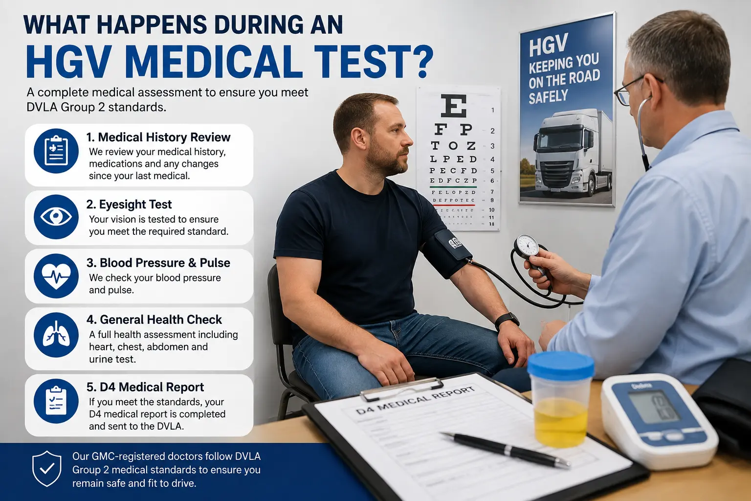 Professional driver undergoing an HGV medical renewal UK assessment at a medical clinic.