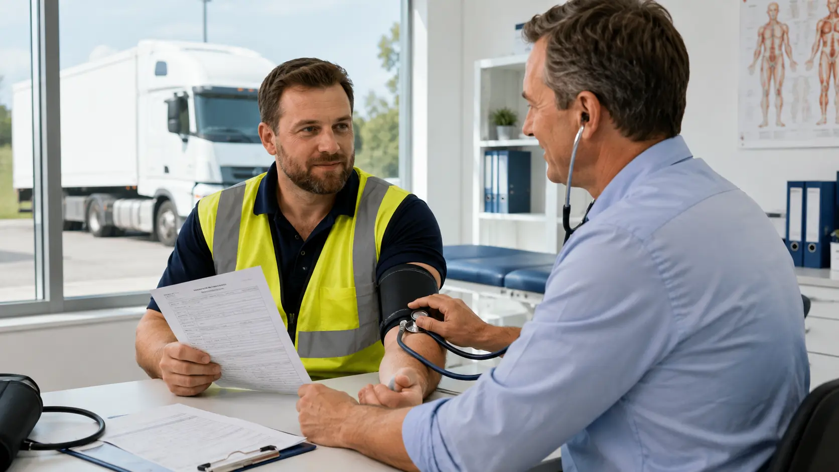 Lorry driver attending an HGV medical renewal appointment before licence renewal.