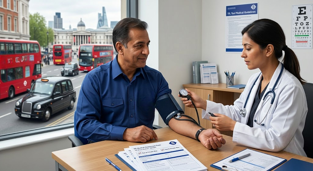 Driver completing a TFL taxi medical with a GMC-registered doctor