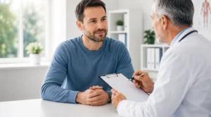 Doctor conducting a driver medical examination for a UK driver during a medical consultation in a modern clinic.