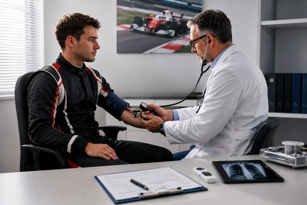 Racing driver undergoing a medical examination with a doctor during a racing driver medical assessment.