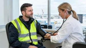 Airside medical examination for airport workers checking general health and fitness against workplace safety standards, provided by Driver Medical Test