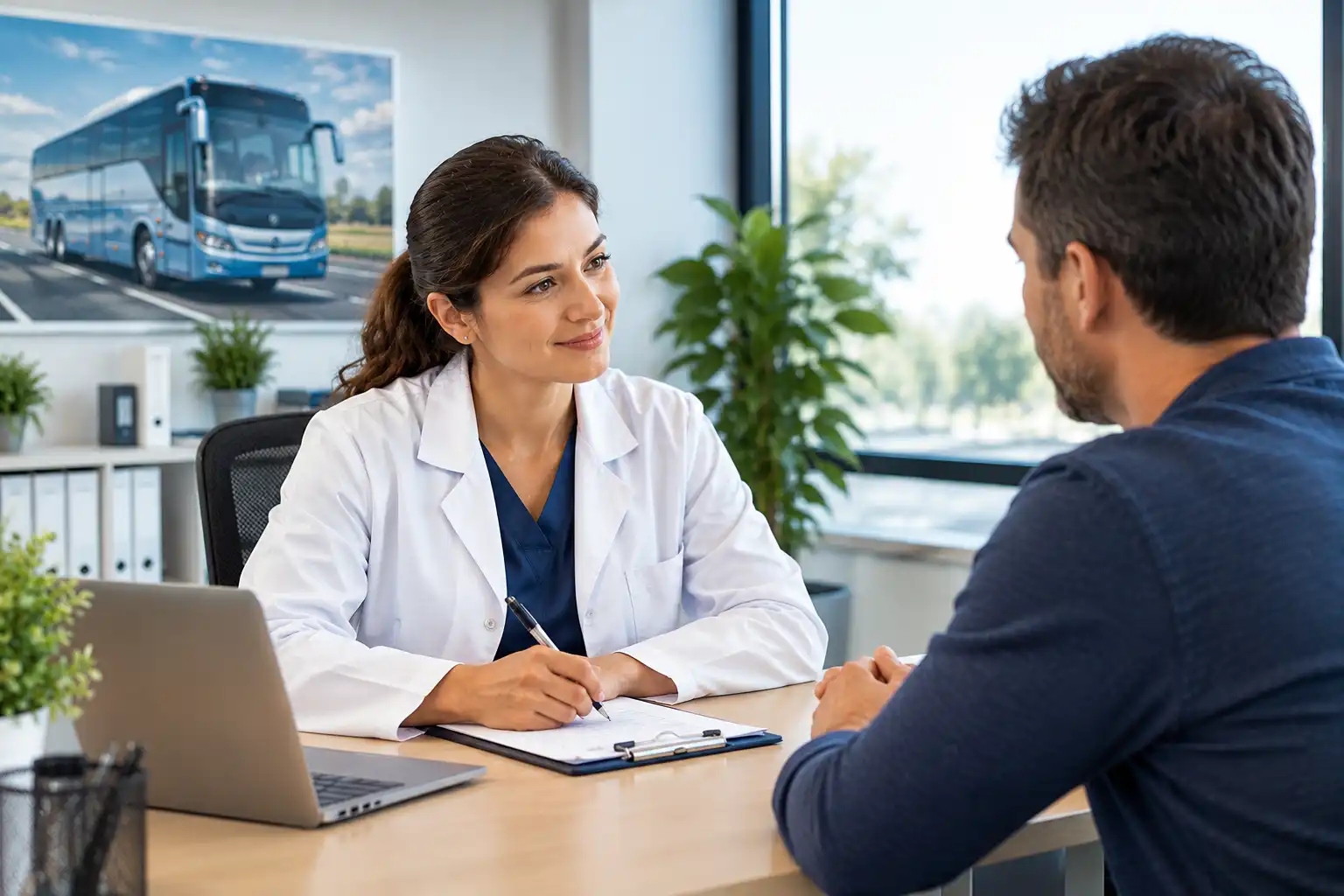 PCV medical consultation with a doctor and driver at a professional medical clinic.