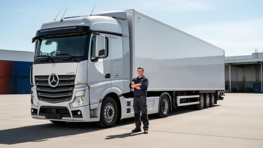 Professional HGV driver standing beside a lorry, representing medical fitness for commercial driving.