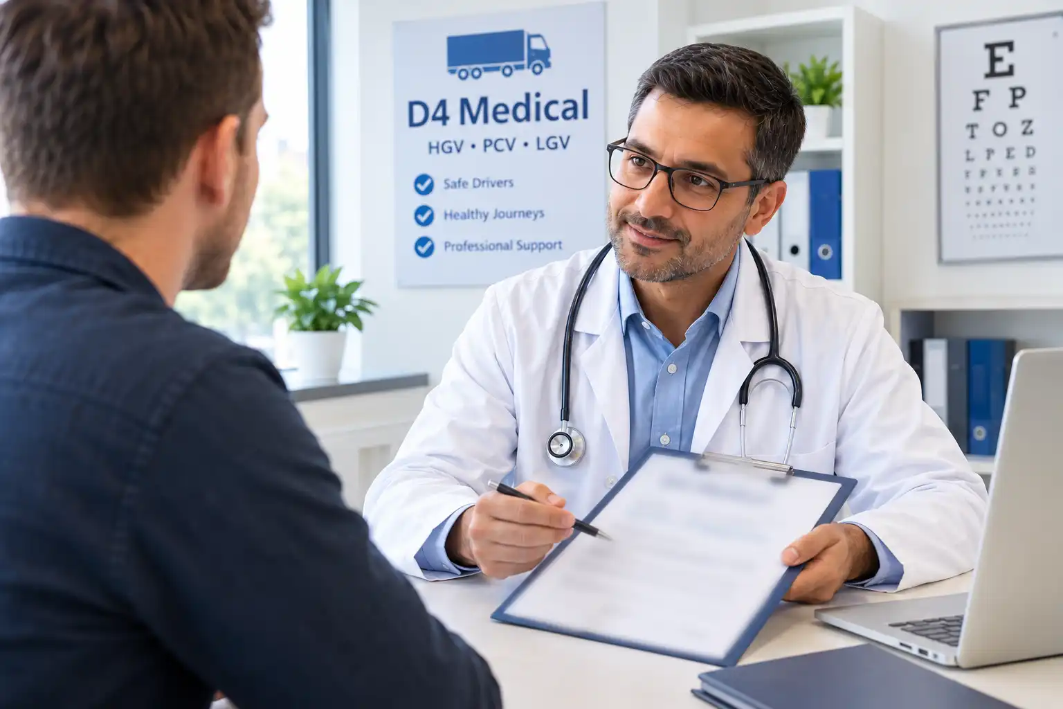 D4 medical near me – doctor conducting an HGV and PCV driver medical assessment in a clinic.