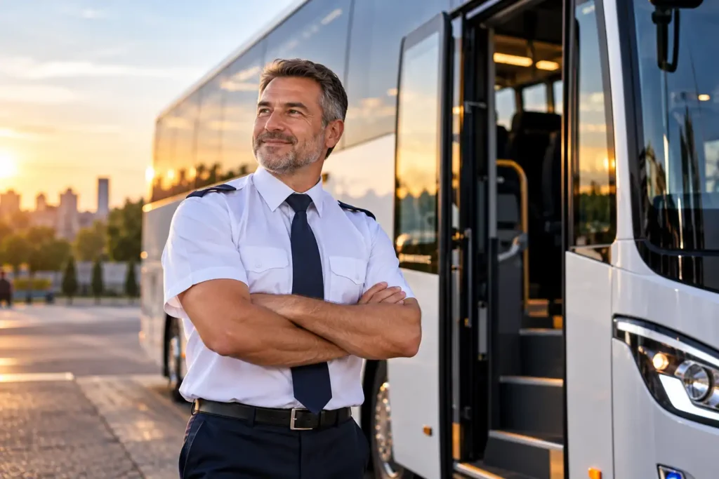 Alt text: Driver Medical Test – professional bus driver standing confidently beside a coach at sunset.