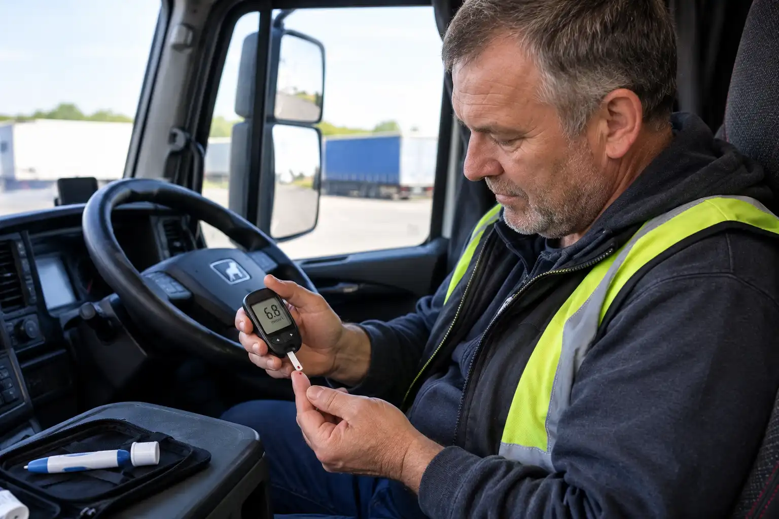 HGV driver checking blood glucose levels while safely parked, showing how to manage an HGV with diabetes responsibly.
