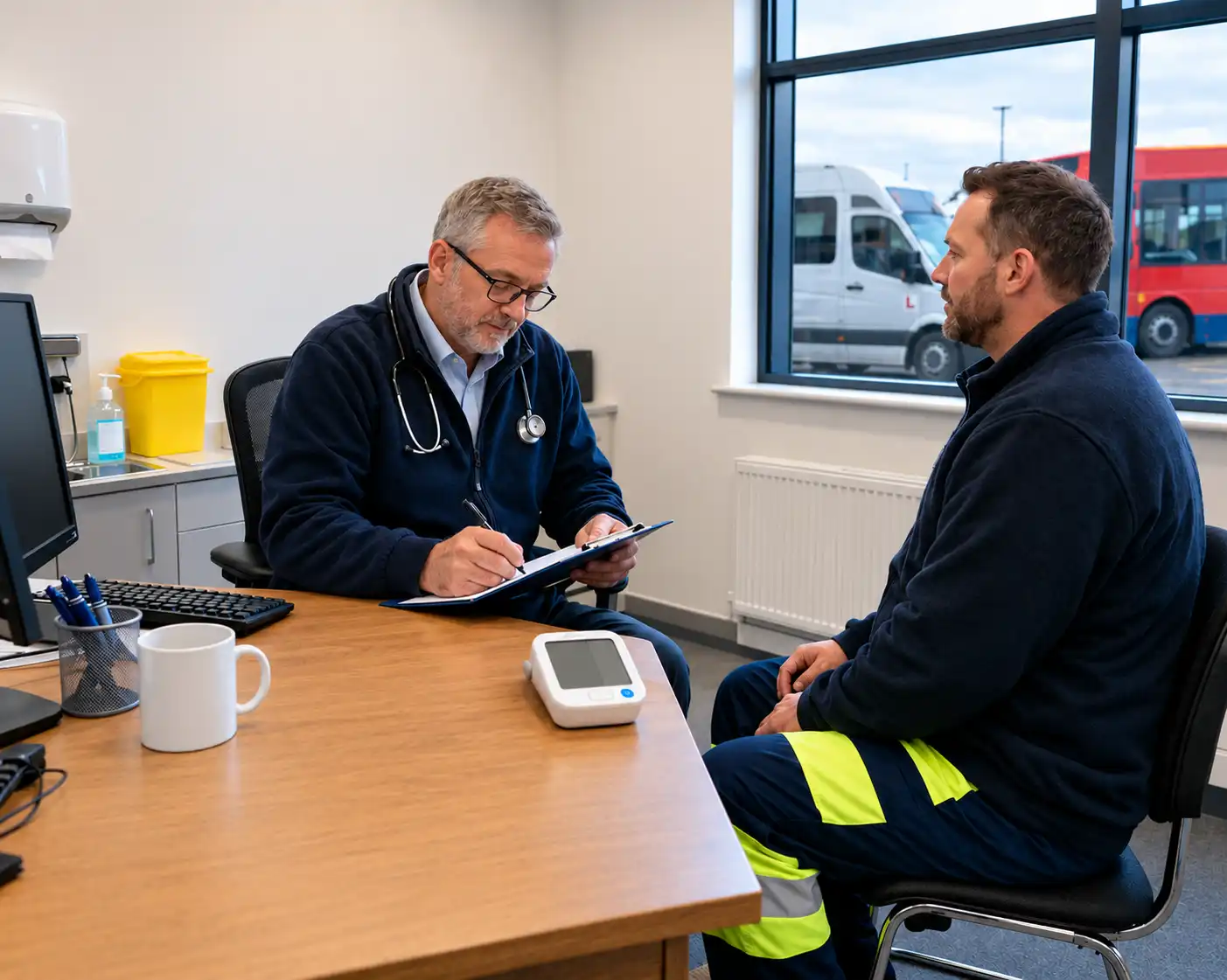 Doctor conducting an occupational health medical examination for an HGV driver.