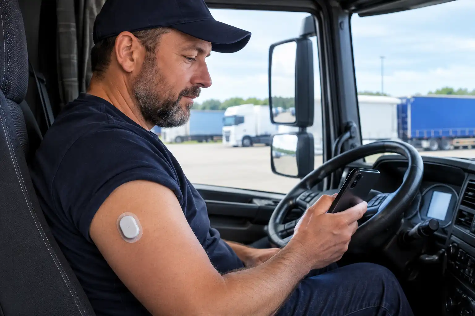 HGV driver using a continuous glucose monitor to check blood sugar readings.