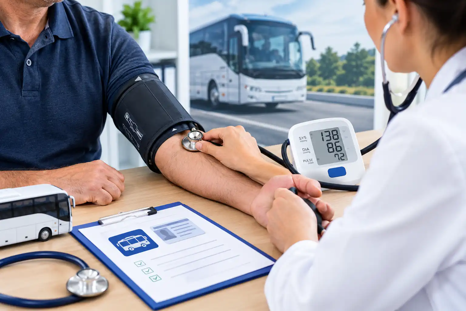 High blood pressure and PCV licence medical assessment with a doctor checking a bus driver's blood pressure.
