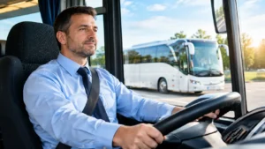 High blood pressure and PCV medical: professional bus driver seated in a coach, representing bus and coach licence medical requirements.